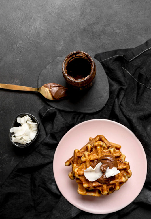 Pearl Sugar Waffles with Cocoa–Almond Butter Sauce, Honey Sour Cream & Blackberry Compote