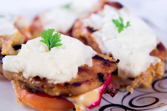 Bruschetta with Almond Butter, Burrata Cheese, Candied Bacon & Pickled Onions
