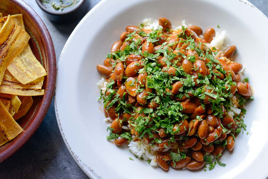 Cuban Style “Arroz Con Frijoles” with Mojo and Crispy Plantains
