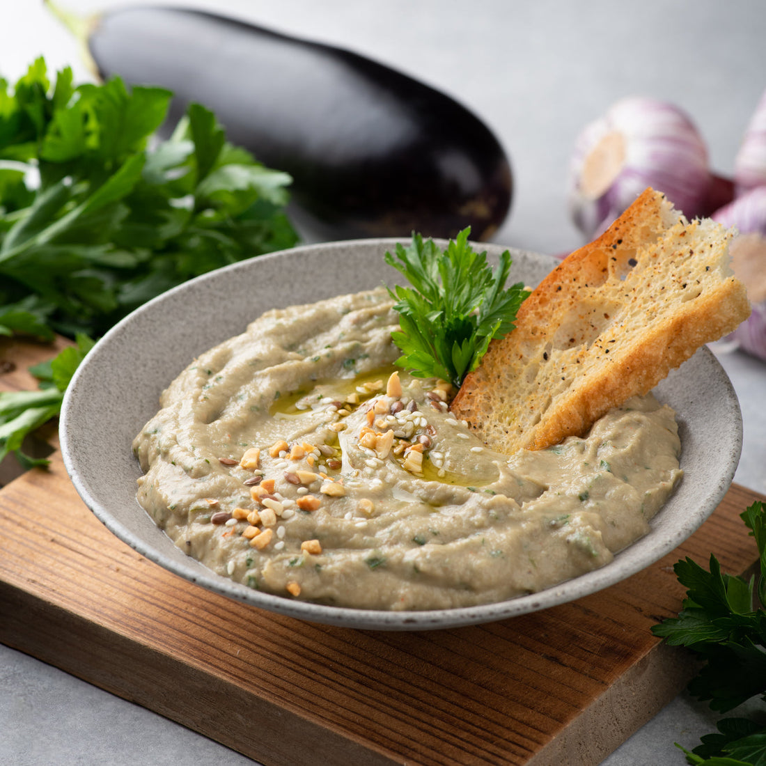 Smoky Eggplant Baba Ganoush with Almond Dukkah and EVOO