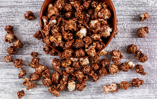 Almond Caramel Popcorn with Milk Chocolate Drizzle