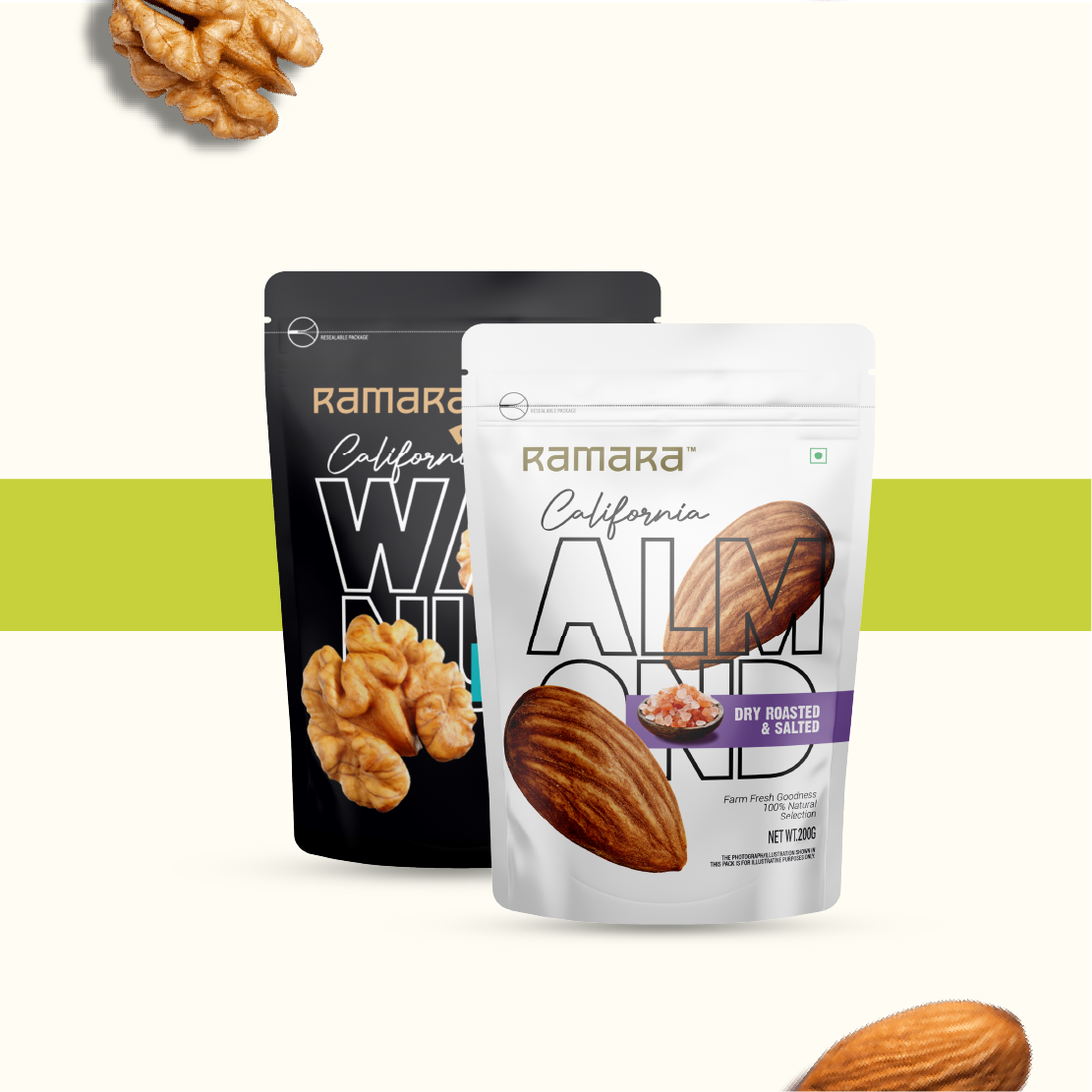 Roasted And Salted Almond 200g & Roasted Walnut 200g - (Pack of 2)
